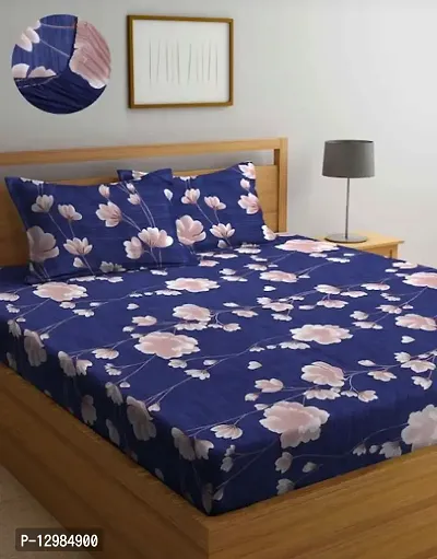 Comfortable Glace Cotton Printed Fitted(elastic) Bedsheet with 2 Pillow Covers