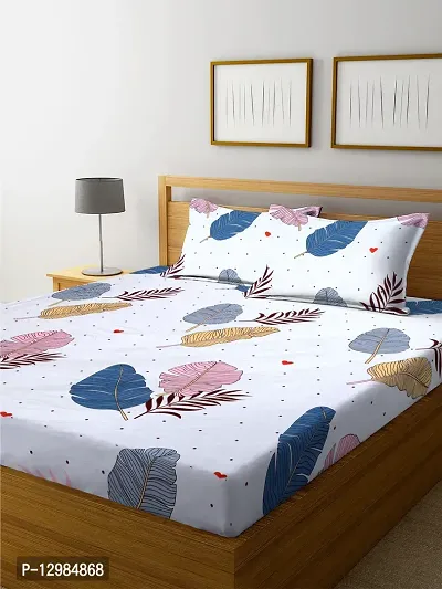 Comfortable Glace Cotton Printed Fitted(elastic) Bedsheet with 2 Pillow Covers-thumb0