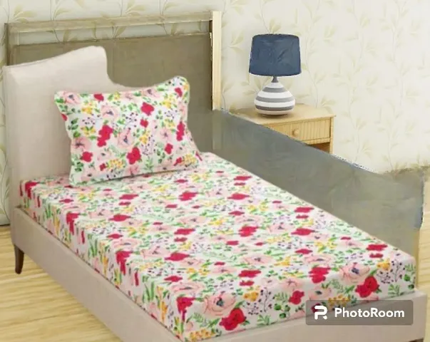 Printed Glace Cotton Single Fitted Bedsheet with 1 Pillow Cover