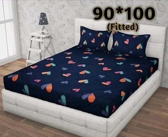 Printed Glace Cotton Elastic Fitted Double Bedsheet with 2 Pillow Covers