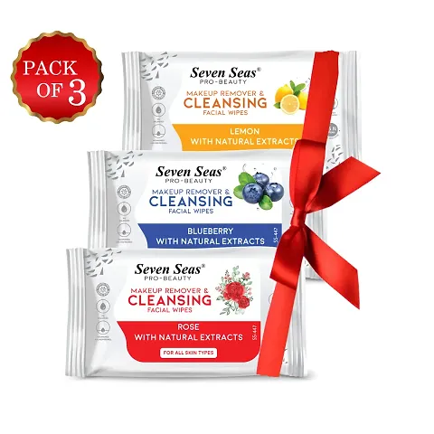 Seven Seas Makeup Remover  Cleansing Facial Wipes Pack Of 03(Lemon,Rose,Blueberry)