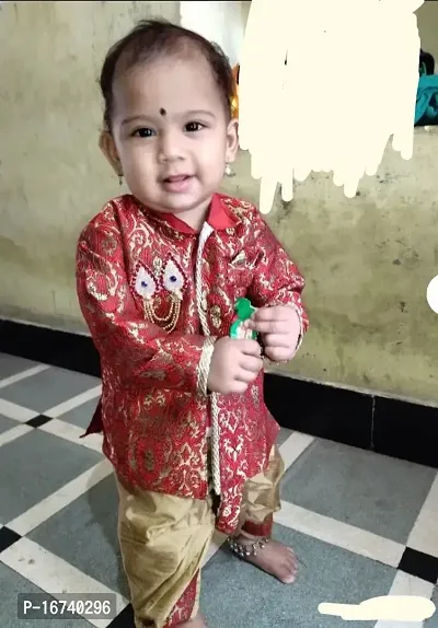 Red coloured Jacquard silk dhoti kurta set for baby boy
