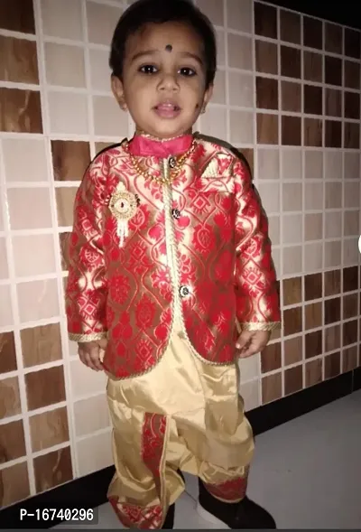 Red coloured Jacquard silk dhoti kurta set for baby boy-thumb3