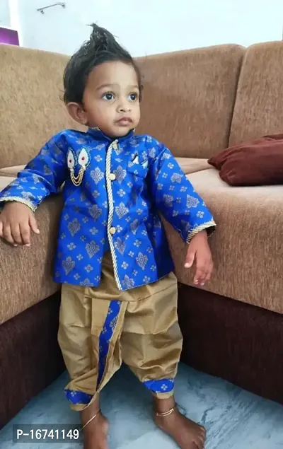 Blue coloured Jacquard dhoti kurta set for baby boy