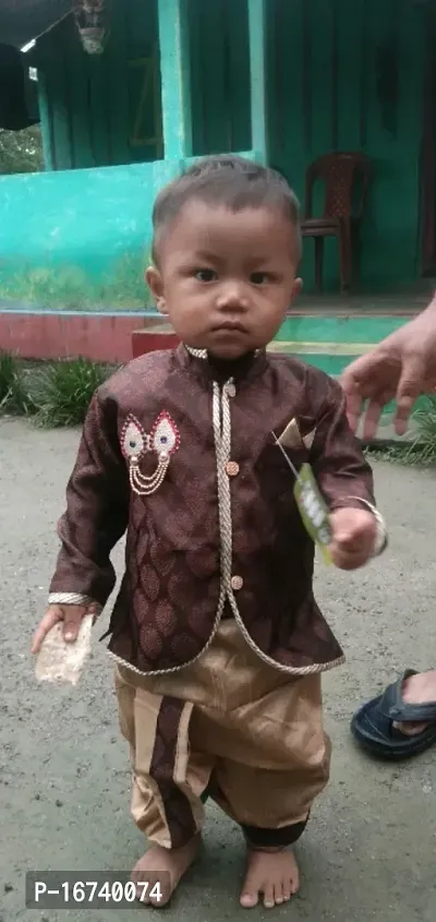 Brown coloured Jacquard silk dhoti kurta set for baby boy