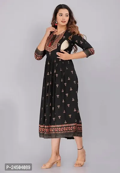 Vorcia Febtex Women's Printed Rayon Anarkali Maternity Feeding Kurti with Zipper for Pre and Post Pregnancy? (X-Large, Black)-thumb3