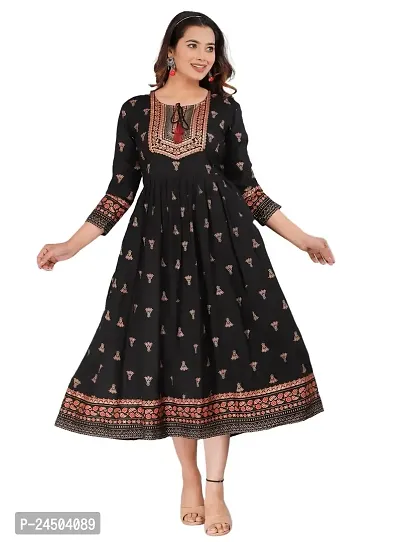 Vorcia Febtex Women's Printed Rayon Anarkali Maternity Feeding Kurti with Zipper for Pre and Post Pregnancy? (X-Large, Black)-thumb0