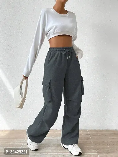 Elegant Grey Polyester Blend Solid Cargo Trouser For Women-thumb5