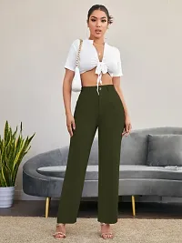 Women Regular Fit Olive Cotton Blend Trousers-thumb3