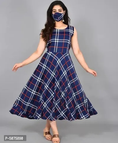 Elegant Multicoloured American Crepe Checked Dresses with Free Face Mask