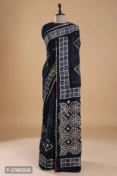 Stylish Navy Blue Silk Cotton Printed Saree With Blouse Piece For Women-thumb0