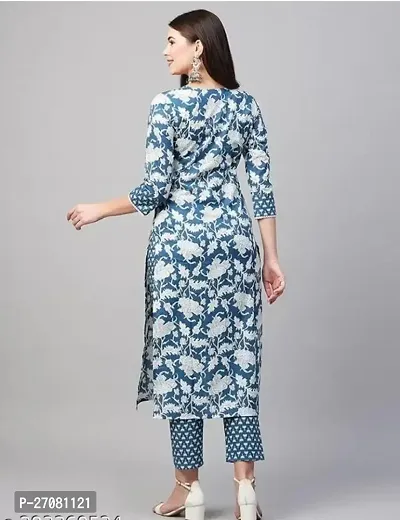 Stylish Blue Cotton A-Line Printed Kuti With Pant For Women-thumb5