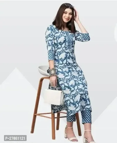 Stylish Blue Cotton A-Line Printed Kuti With Pant For Women-thumb4