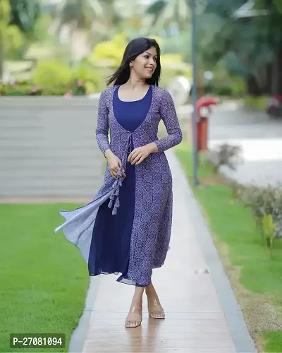 Stylish Navy Blue Georgette A-Line Printed Kurti For Women-thumb0