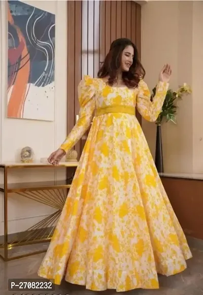 Stylish Yellow Georgette Printed Stitched Gowns For Women-thumb0