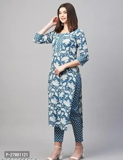 Stylish Blue Cotton A-Line Printed Kuti With Pant For Women-thumb3