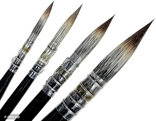 Handmade Soft Aqua Long Synthetic Hair With Stainless Wire Ideal For Art Paint ,Watercolour, Quill ,Oil Acrylics, Artists Calligraphy Pointed Mop Black Colour Vegan Brushes Set Of 4