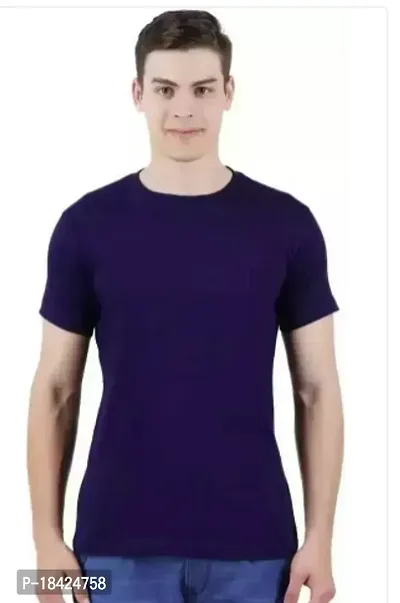 Elegant Navy Blue Cotton Solid Round Neck Tees For Men-thumb0