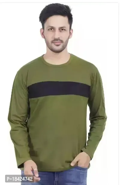 Elegant Green Cotton Self Pattern Round Neck Tees For Men