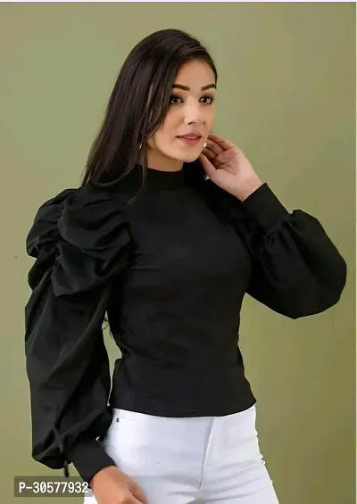 Stylish Black Cotton Solid Full Sleeves Top For Women-thumb0