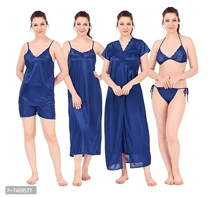 womens solid Satin nighty set of 6 (Royal blue)