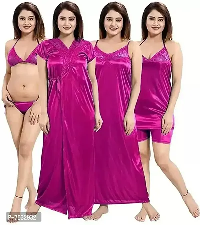 womens solid Satin nightdress set of 6 piece ( pink)
