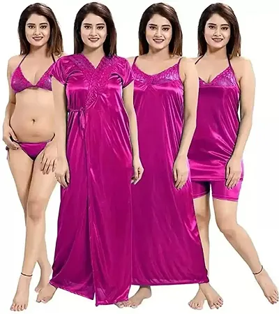 Stylish Satin Solid Nighty With Robe Top Shorts And Lingerie For Women And Girls/Nighty For Women Combo