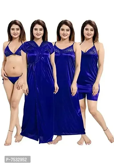 womens solid Satin nightdress set of 6 piece (Royal blue)