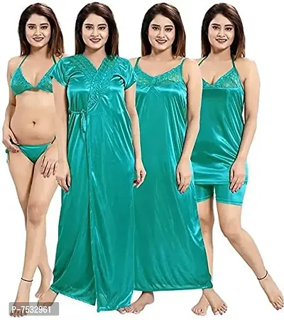 womens solid Satin nightdress set of 6 piece ( Sea Green)-thumb0