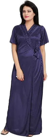 womens solid Satin nighty set of 4 ( Navy)-thumb1