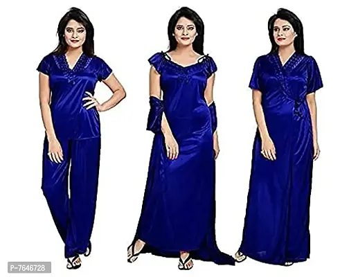 womens solid Satin nighty set of 4 ( blue)