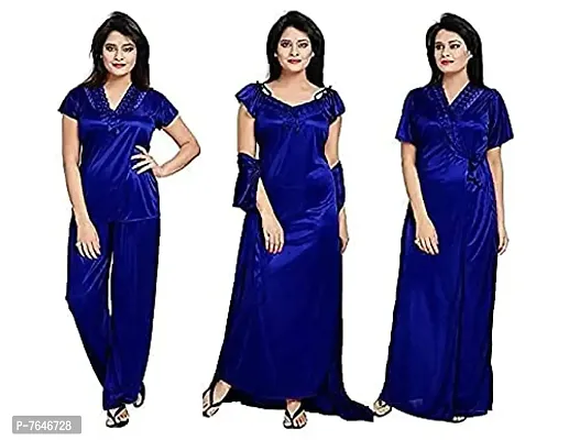 womens solid Satin nighty set of 4 ( blue)-thumb0