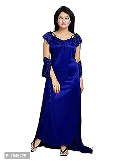 womens solid Satin nighty set of 4 ( blue)-thumb2