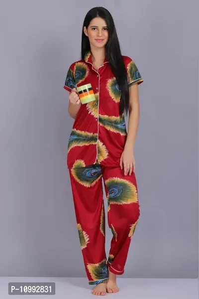 Womens More Pankh Printed Night Suit ( Maroon)
