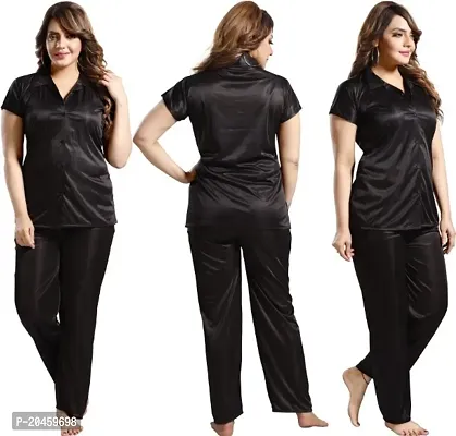 Women Stylish solid Satin night suit (Black)