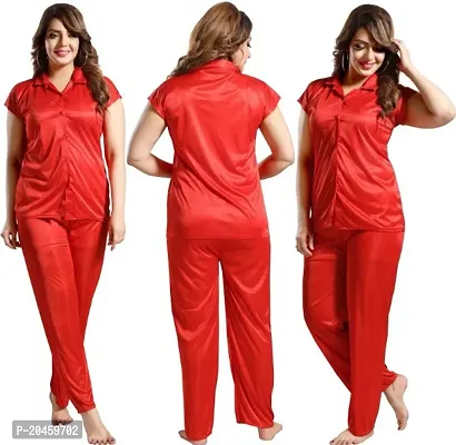 Women Stylish solid Satin night suit (Red)-thumb0