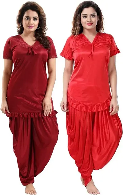 Pack Of 2 Women Fancy Satin Dhoti Top Nightsuit