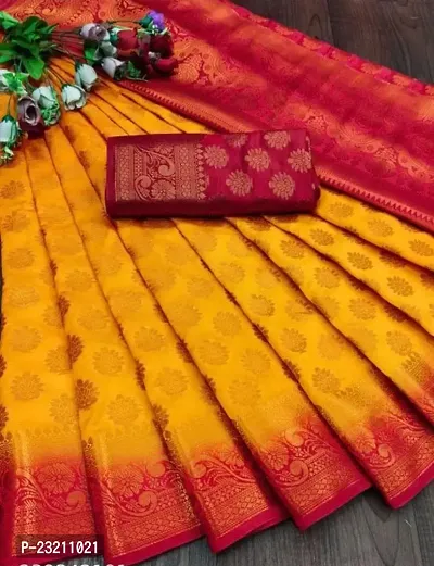 RUDRA NX Women's Banarasi Silk Saree || Zari Woven Kanjivaram Sarees With Unstitched Blouse Piece (Yellow pink).