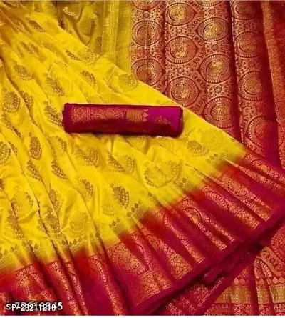 RUDRA NX Women's Banarasi Silk Saree || Zari Woven Kanjivaram Sarees With Unstitched Blouse Piece (Yellow Red).-thumb0