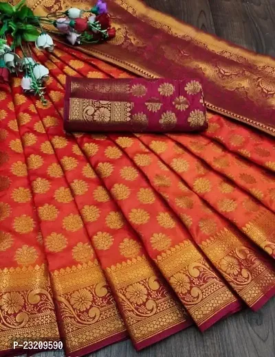 RUDRA NX Women's Banarasi Silk Saree || Zari Woven Kanjivaram Sarees With Unstitched Blouse Piece (Saffron)-thumb0