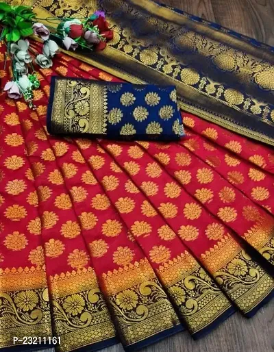 RUDRA NX Women's Banarasi Silk Saree || Zari Woven Kanjivaram Sarees With Unstitched Blouse Piece (Red  Navy blue)