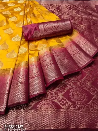 RUDRA NX Women's Banarasi Silk Saree || Zari Woven Kanjivaram Sarees With Unstitched Blouse Piece (Yellow Maroon)