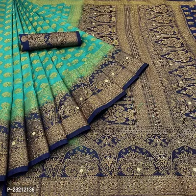 RUDRA NX Women's Banarasi Silk Saree || Zari Woven Kanjivaram Sarees With Unstitched Blouse Piece (Color: Rama-Navy Blue)-thumb0