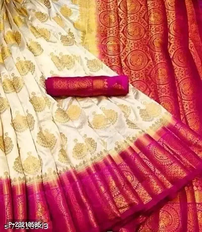 RUDRA NX Women's Banarasi Silk Saree || Zari Woven Kanjivaram Sarees With Unstitched Blouse Piece (White rani)-thumb0