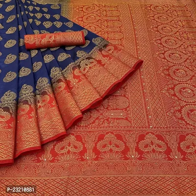 RUDRA NX Women's Banarasi Silk Saree || Zari Woven Kanjivaram Sarees With Unstitched Blouse Piece | (Color: Navy Blue)-thumb0
