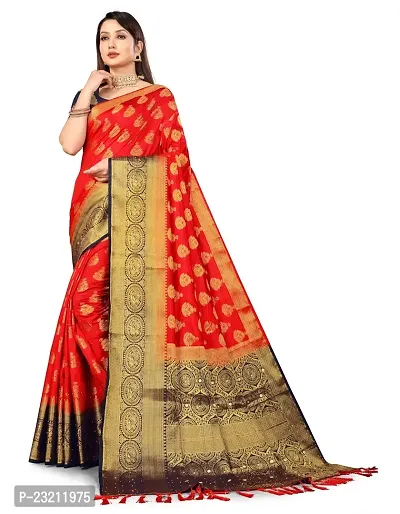RUDRA NX Women's Banarasi Silk Saree || Zari Woven Kanjivaram Sarees With Unstitched Blouse Piece (Red)