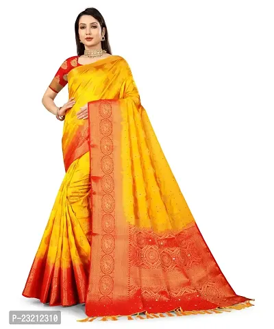 RUDRA NX Women's Banarasi Silk Saree || Zari Woven Kanjivaram Sarees With Unstitched Blouse Piece (Yellow Red)