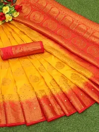 RUDRA NX Women's Banarasi Silk Saree || Zari Woven Kanjivaram Sarees With Unstitched Blouse Piece | | (Color: Yellow red)-thumb3