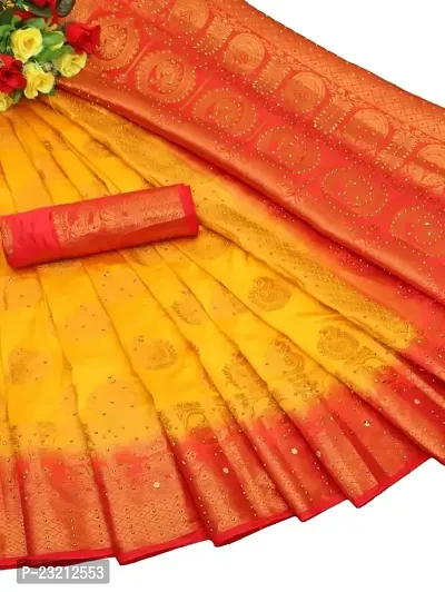 RUDRA NX Women's Banarasi Silk Saree || Zari Woven Kanjivaram Sarees With Unstitched Blouse Piece | | (Color: Yellow red)-thumb0