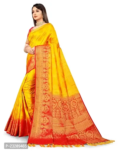 RUDRA NX Women's Banarasi Silk Saree || Zari Woven Kanjivaram Sarees With Unstitched Blouse Piece | (Color: Yellow Red)-thumb5